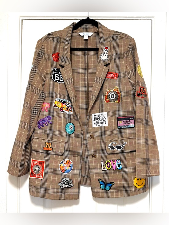 Old Navy Jackets & Blazers - Old Navy Tan Plaid Blazer with Colorful Patchwork